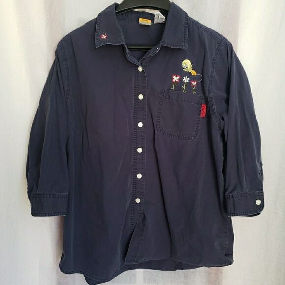 Vintage Looney Tunes Tweety Bird Embroidered Denim Button Up Shirt Size 14W/16W - Picture 1 of 8